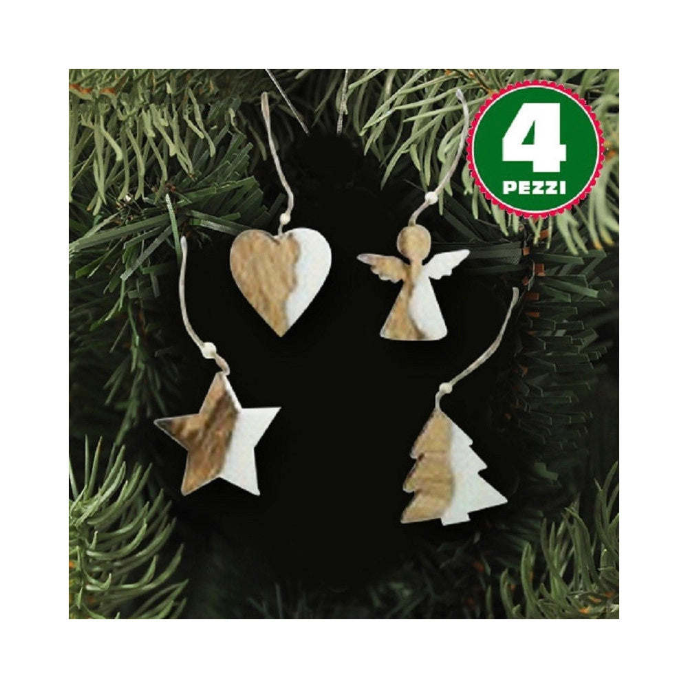 Trade Shop - 4 Appendini Natale In Legno Ovatta Forma Stella Albero Angelo Cuore 11cm Bianco -