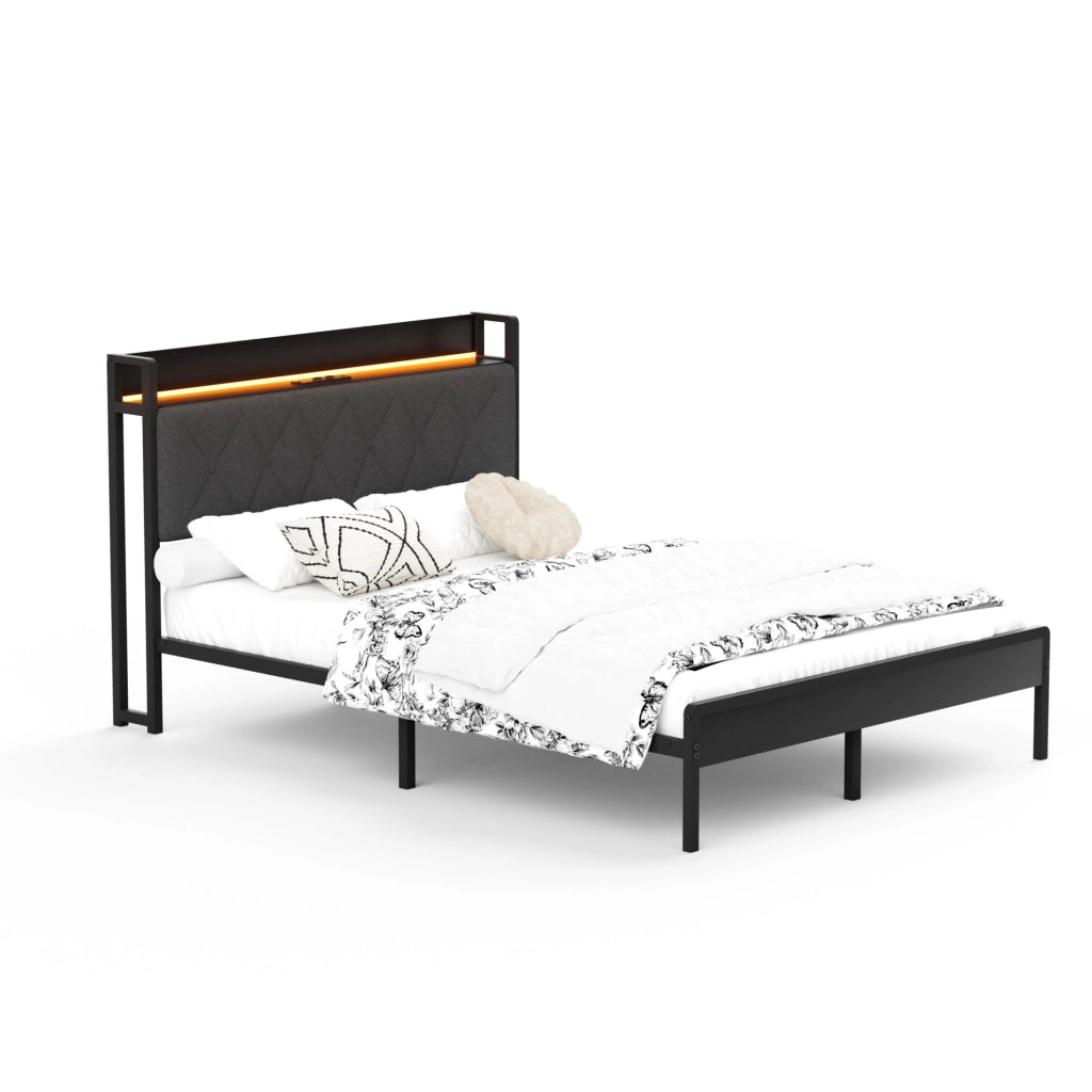 Letto imbottito 140x190 con LED, porta USB e vano sottostante