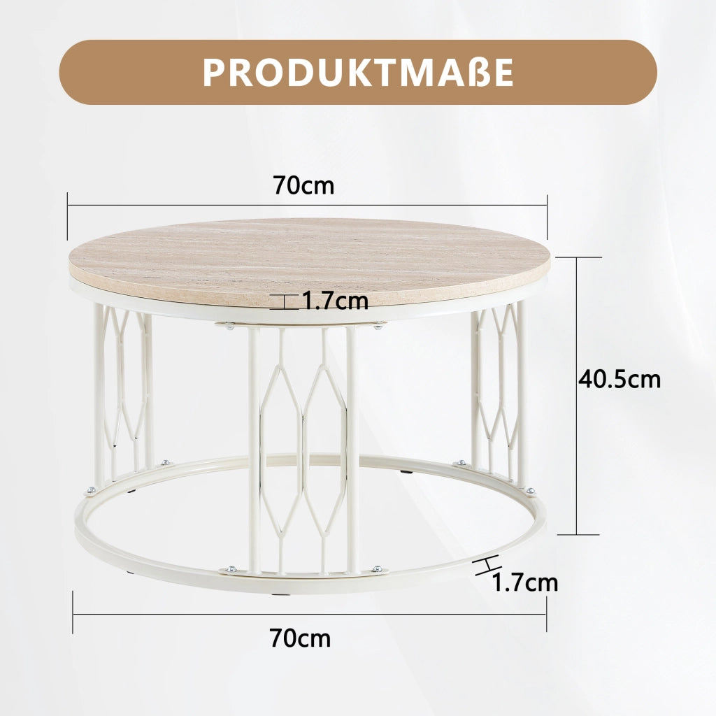 Tavolino basso rotondo in MDF effetto legno con struttura in metallo, per soggiorno, bianco, Ø 70 × 40,5 cm