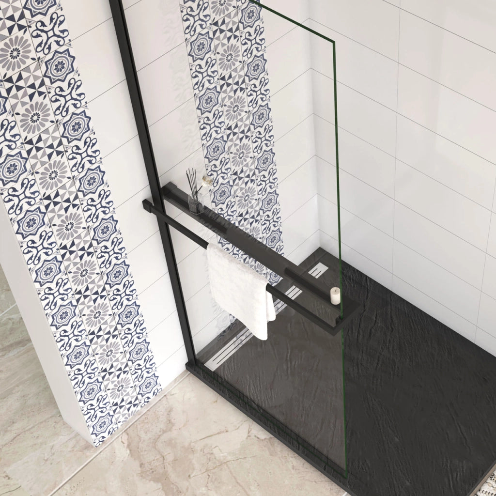 Mensola Doccia per Parete Doccia Walk in 80 cm Alluminio Nero Opaco Porta-asciugamani Adattabile Vetro da 8 mm