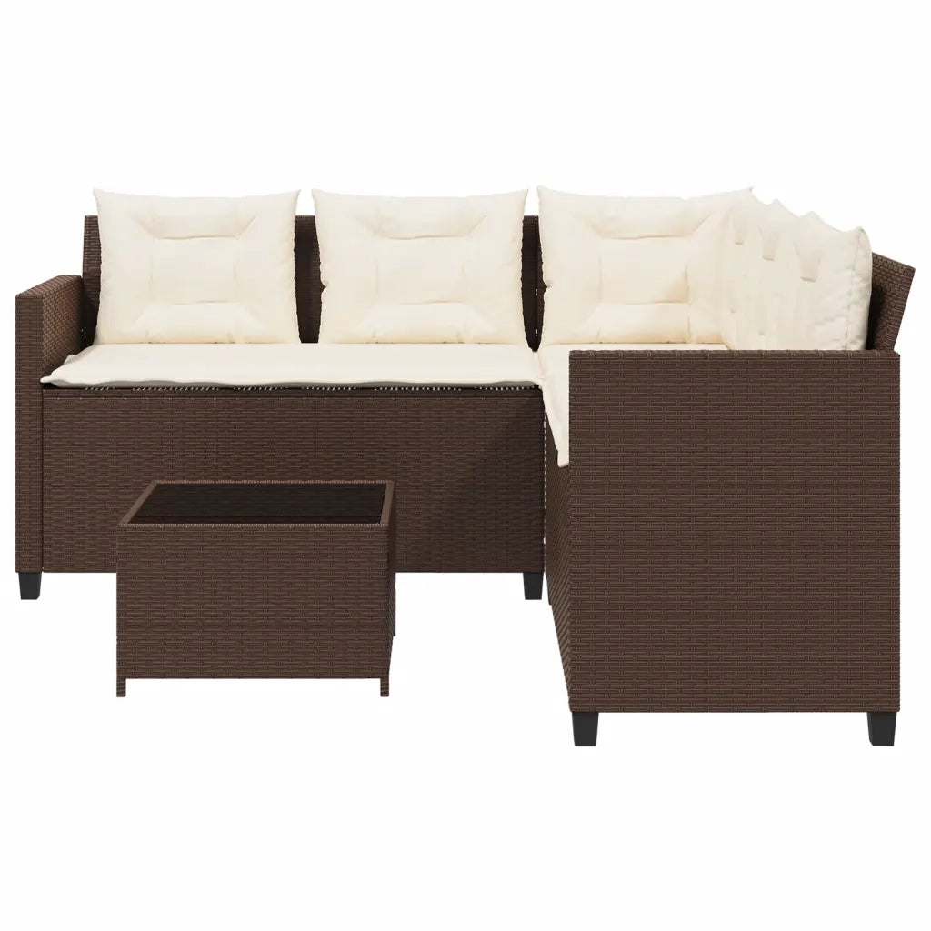 Divano da Giardino con Tavolo e Cuscini a L Marrone Polyrattan 369040