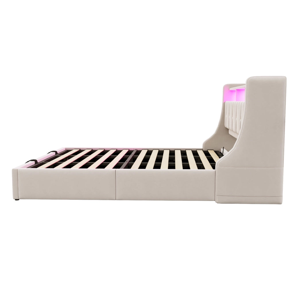 Letto matrimoniale contenitore 180x200 cm con testiera ribaltabile; prese; LED e piedi maggiorati; velluto beige