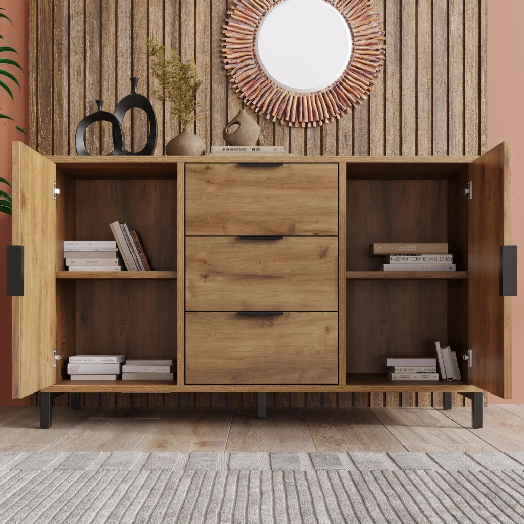 OKWISH Credenza 2 Ante e 3 Cassetti, Ripiano Regolabile, per Camera da Letto e Soggiorno, Legno e Metallo, 120 x 40 x 76 cm
