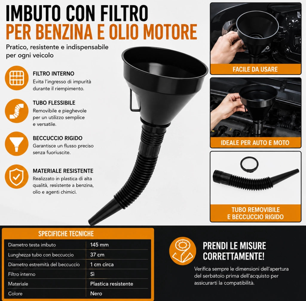 Imbuto con Filtro e Tubo Flessibile per Carburante Benzina Olio Acaqua Vino