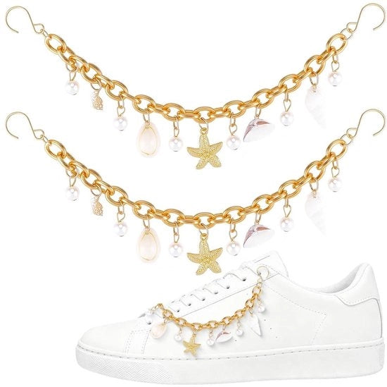 Set di 2 Catene per Scarpe d'Oro con Decorazioni a Conchiglia e Perle