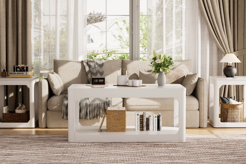 Tavolino da caffè moderno bianco con doppio ripiano, 100x50x44,5 cm, in MDF