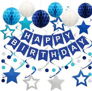 Decorazione di Festa con Sferette a Reticolo, Stelle e Vortici Sospesi in Blu - Ideale per il Compleanno di un Uomo o Ragazzo