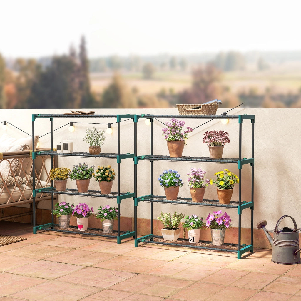 Set di 2 Scaffali per Piante a 4 Livelli in Acciaio con Ganci, 90x28x104 cm, Verde