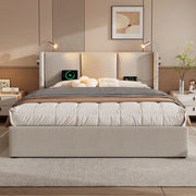 Letto matrimoniale 180 × 200 cm con luce da lettura, porte USB e contenitore idraulico, senza materasso, beige