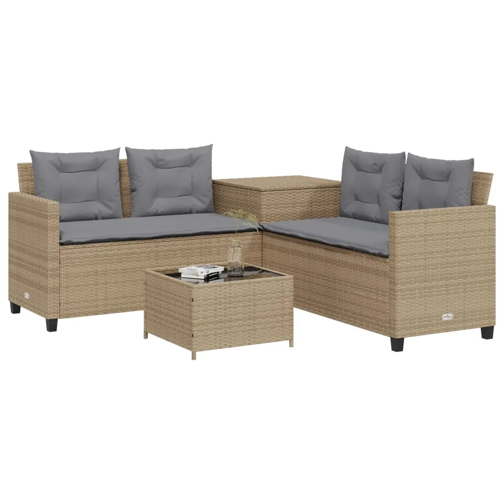 Divano da Giardino con Tavolo e Cuscini a L Beige in Polyrattan 369030