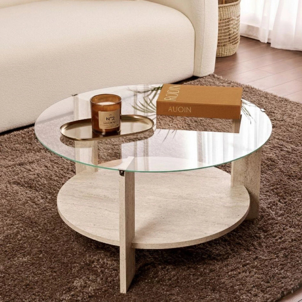 Canevino, Tavolino da Salotto Forma Rotondo, 75x75x40h cm Bianco Marmo