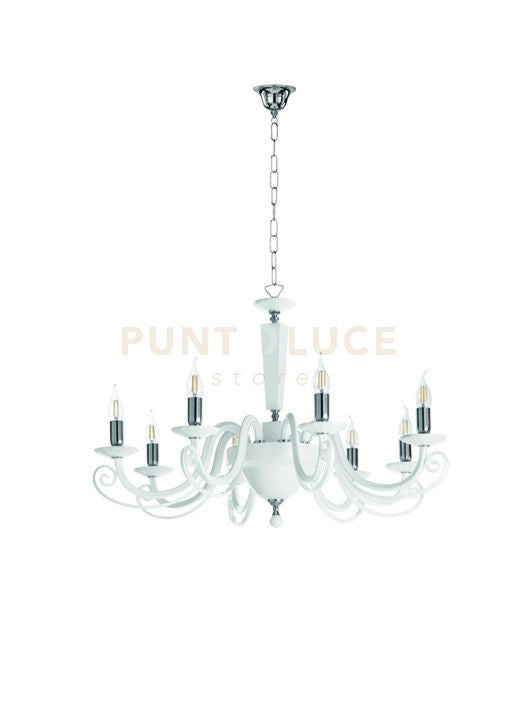 LAMPADARIO CHERUBINI 8 LUCI BIANCO E CROMO ATTACCO E14 D.90CM