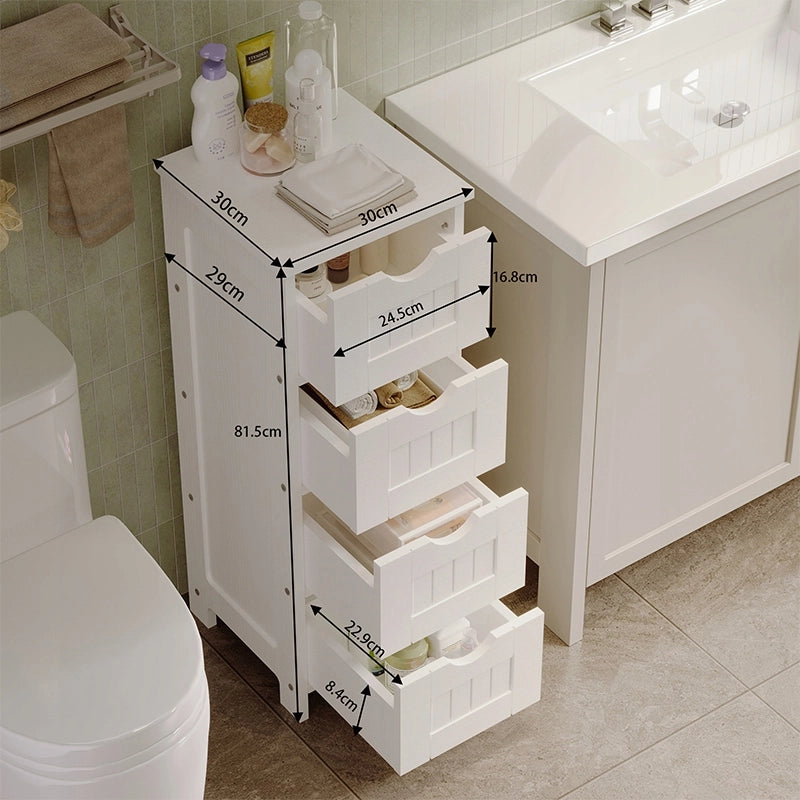 Mobile da bagno stretto, colonna a scaffali bianca con cassetti e ripiano, stile scandinavo