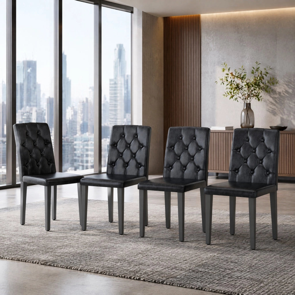 Set di 4 sedie da pranzo nere in PU con gambe in metallo, design moderno con cuciture rombiche