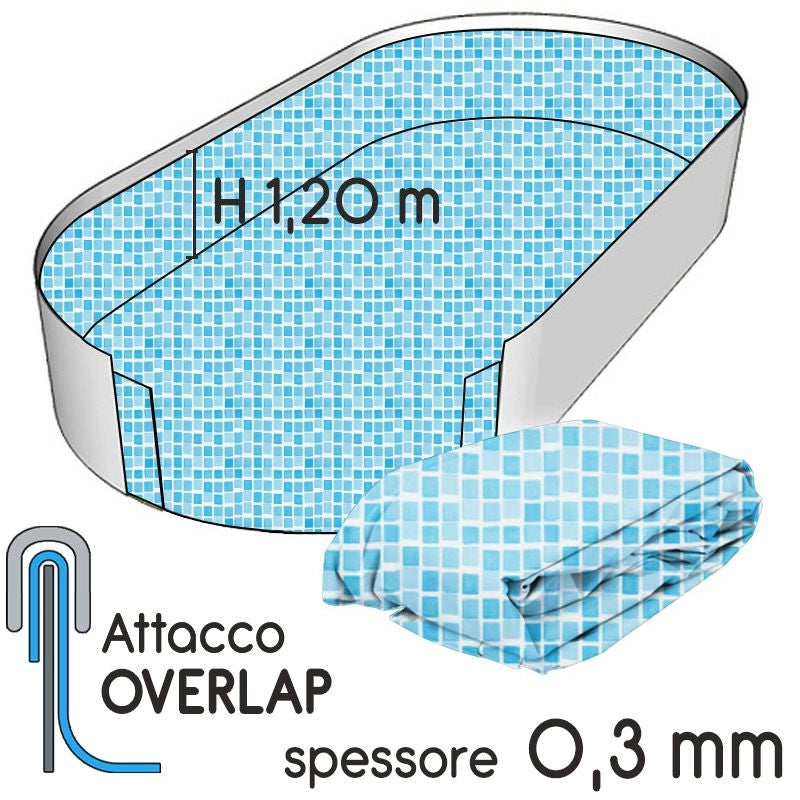 Liner Per Piscina A Forma Ovale 9,10 X 4,60 X H. 1,20 M Pebbles - Attacco Overlap - Spessore 0,30 Mm Colore: Mosaico, Tipo attacco: Overlap