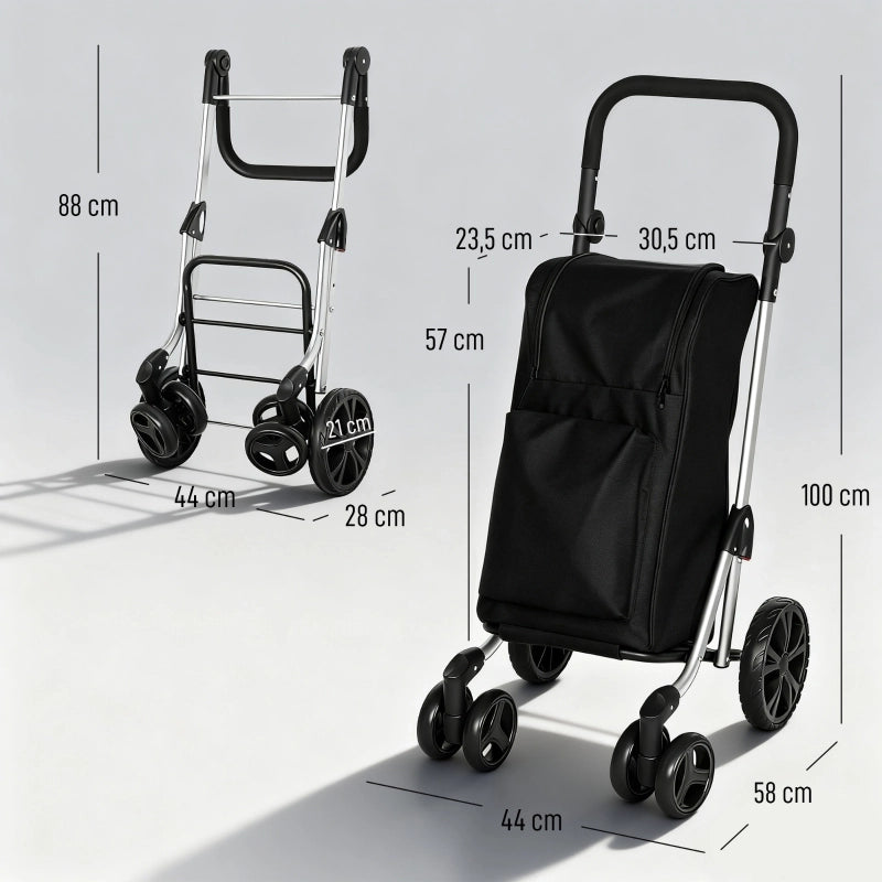 Carrello della spesa, borsa da 46 litri, carrello pieghevole con borsa termica, maniglia regolabile, telaio in alluminio, nero