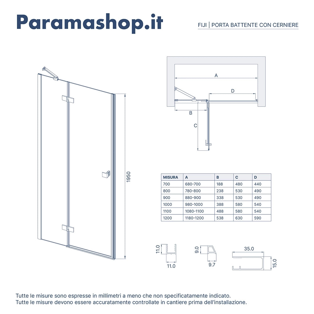 Porta doccia 80cm apertura a battente lato destro con cerniere, profili nero opaco e vetro da 8mm trasparente h195 | Fiji