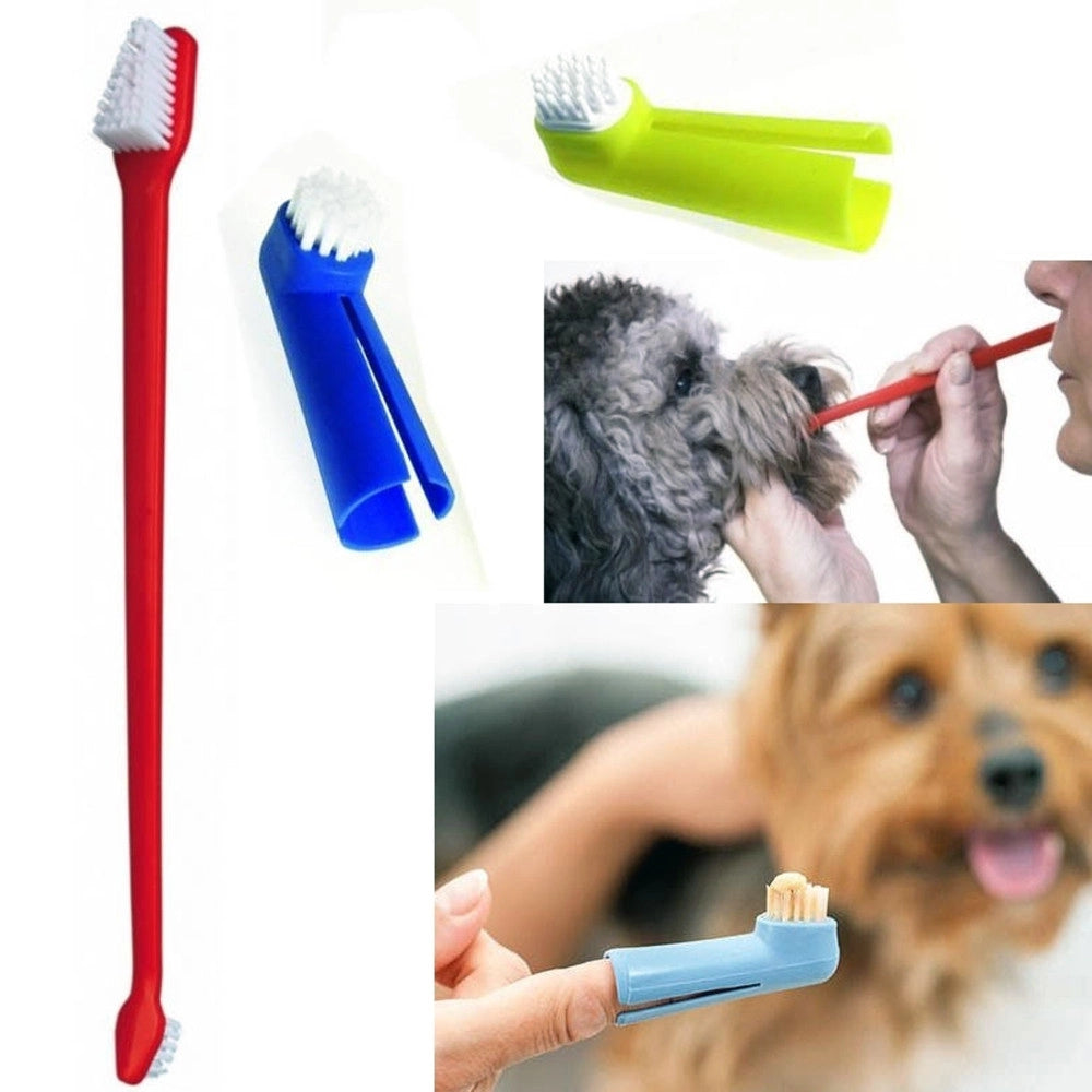 Trade Shop - Set Spazzolino Lungo Doppio Con 2 Testine Dito Per Cane Animali Pulizia Denti -