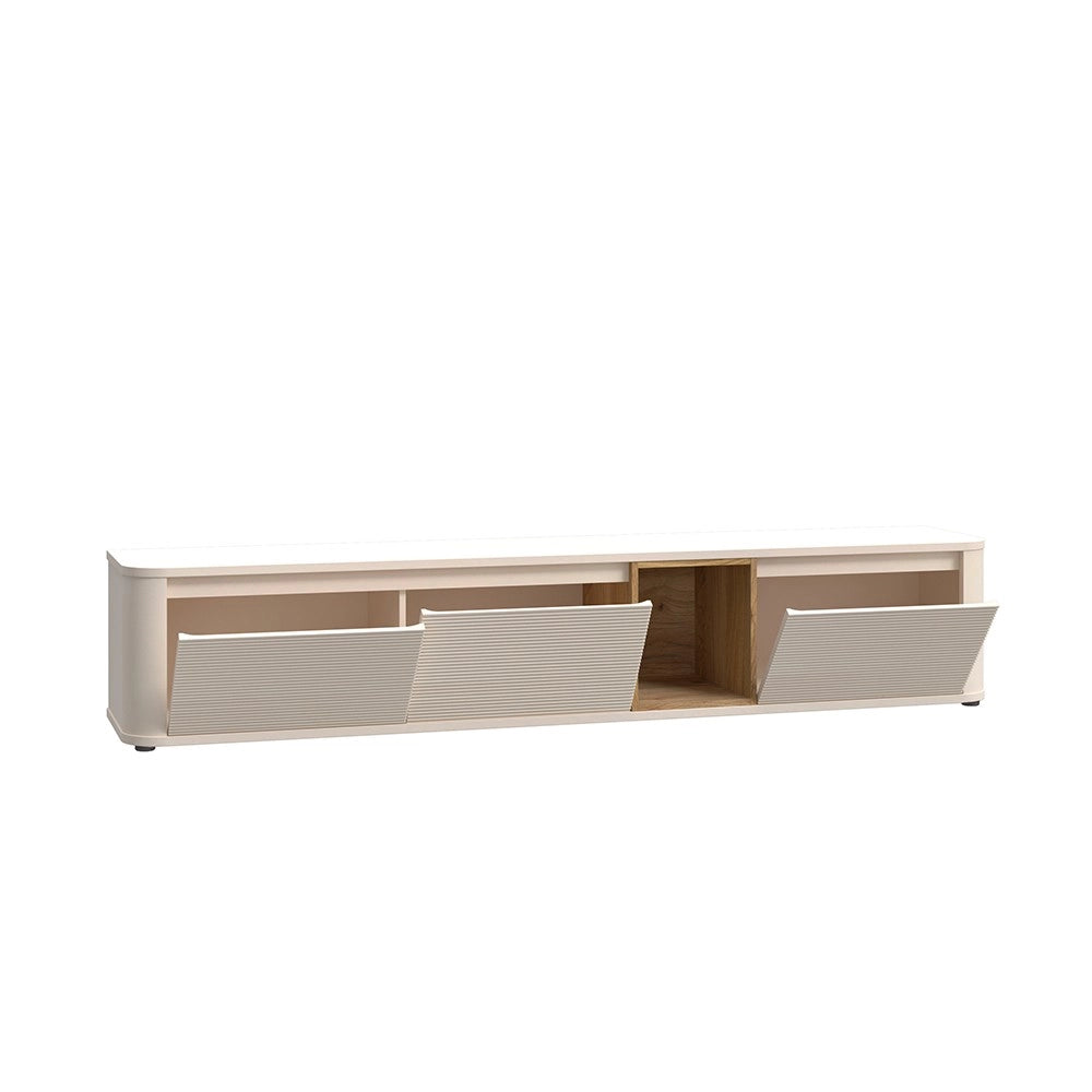 Soggiorno parete attrezzata Core grande con porta tv e pensili in colore rovere e cashmere