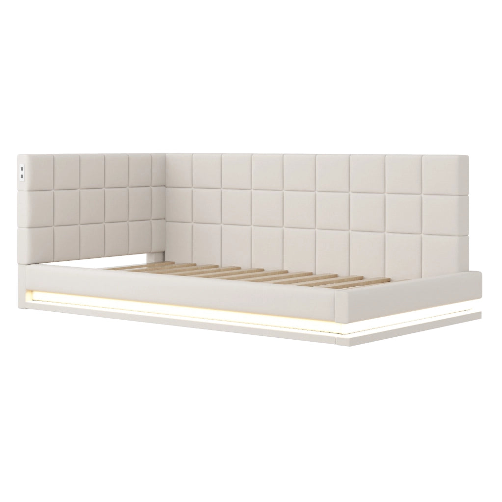 Divano letto imbottito 90x200 cm con LED, USB e rete a doghe
