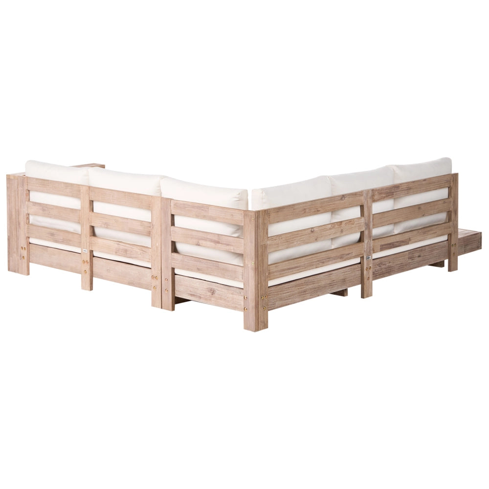 Set divano angolare da esterno in legno di acacia chiaro certificato, con cuscini bianchi set da salotto a 5 posti con disposizione a sinistra e tavolino