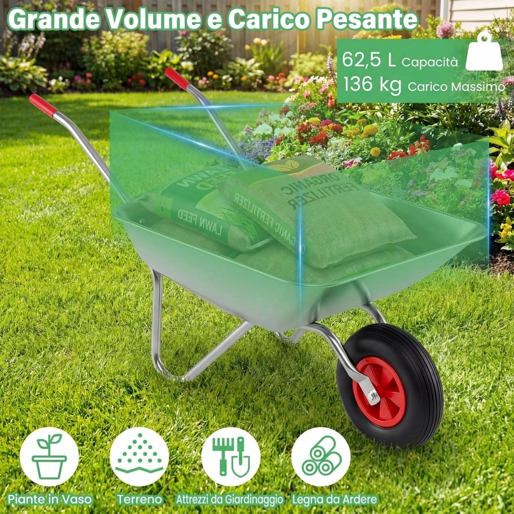 Carriola da Giardino, Carriola a Ruota Singola con 2 Manici Ergonomici e Ruota in Gomma, Capacità 62,5L 136 kg, Acciaio Zincato, per Giardinaggio, Costruzioni e Trasporto, 133 x 60 x 64 cm