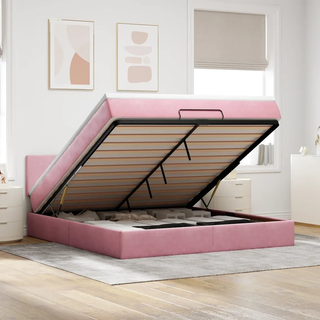 Struttura Letto Pouf con Materasso Rosa 160x200 cm in Velluto 3311716