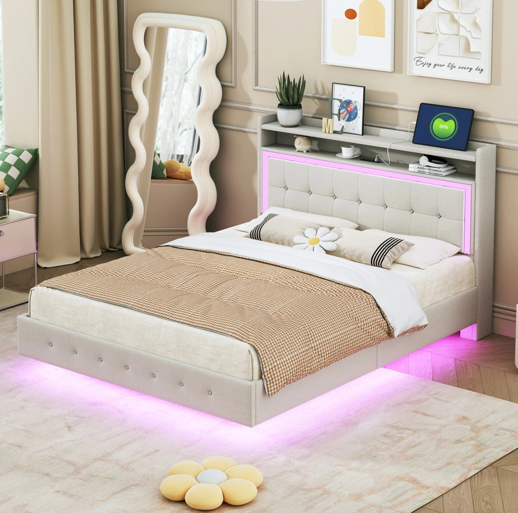 Letto matrimoniale imbottito 140x200 cm con USB e luci LED; lino beige