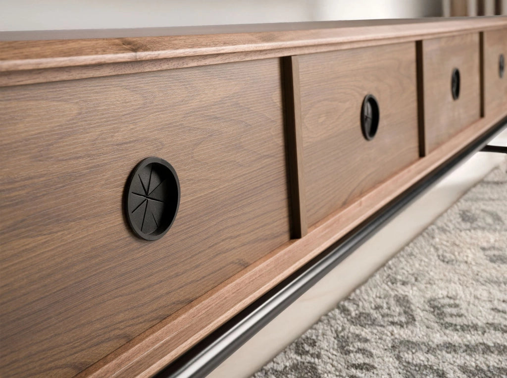 Porta TV in legno grigio scuro opaco, acciaio nero e piano in noce