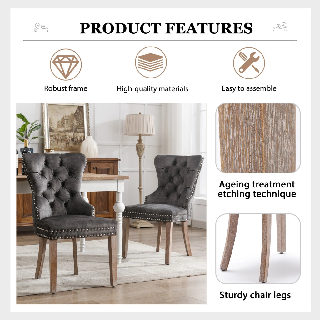 Set di 4 sedie da pranzo in velluto con borchie decorative; gambe regolabili in legno massello; grigio
