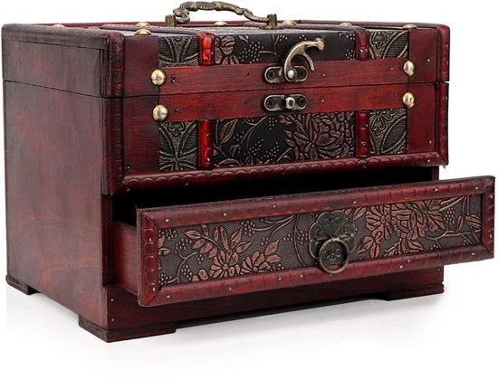 Scatola per gioielli in legno di vimini - Organizzatore con cassetti - Specchio - per anelli/colli/orologi - scatola per gioielli in legno