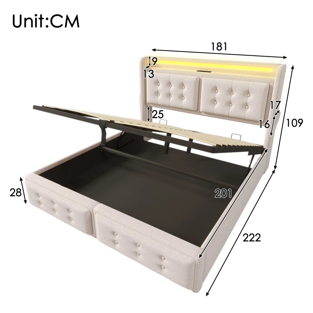 OKWISH Letto Contenitore 180×200 cm, Letto Matrimoniale con LED Regolabile, USB, Tipo C e Prese, senza Materasso, Beige
