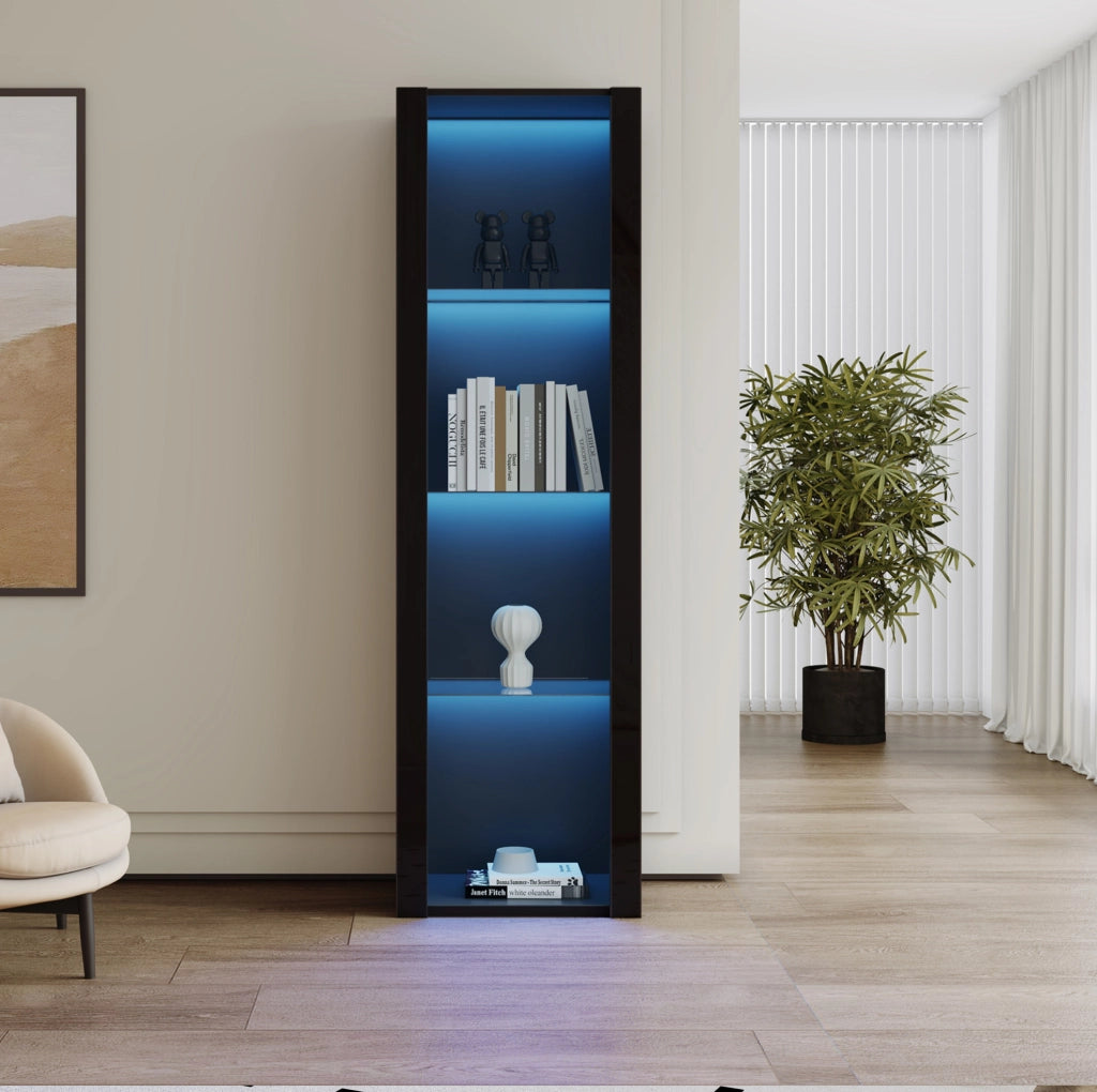 Vetrina 55x38x166 cm con illuminazione LED e 3 ripiani in vetro in pannello truciolare nero