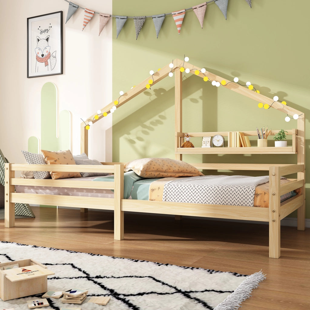 Letto Casetta Bambini con Ripiano 90x200 ¨C MINIMAL ¨C Legno Naturale