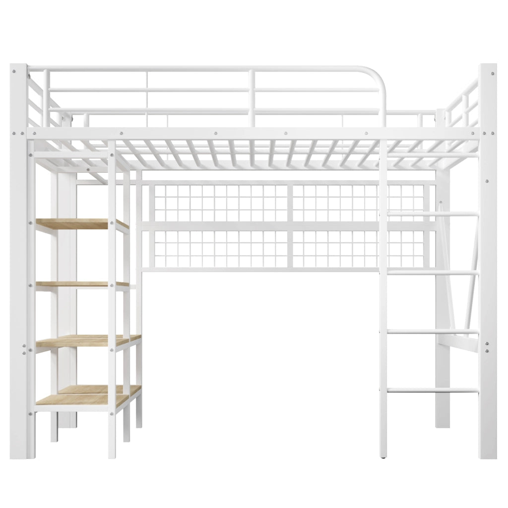 Letto a soppalco 90x200 cm con LED; vano portaoggetti e griglia appendiabiti in metallo e MDF