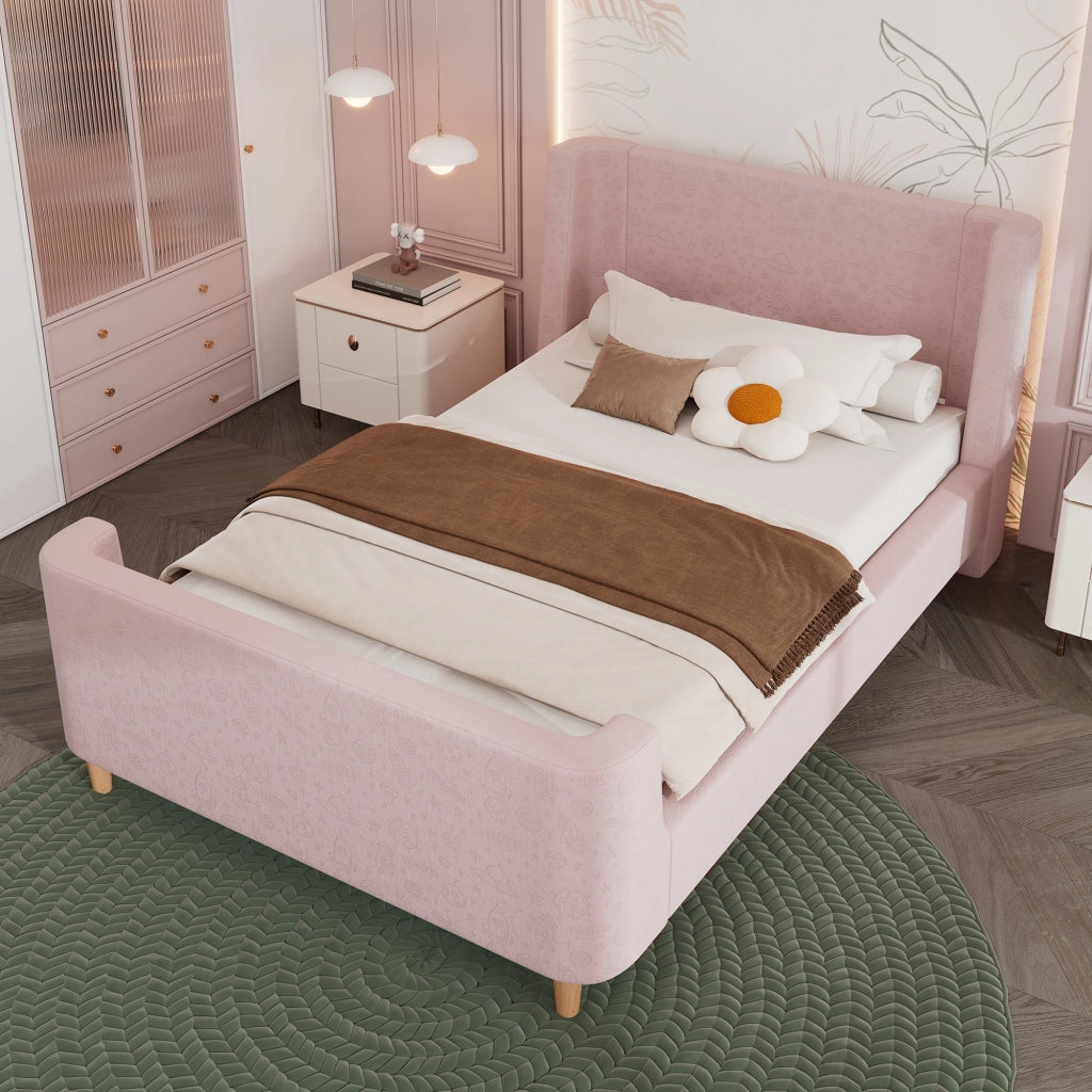 letto a slitta in velluto rosa 90 x 200 cm