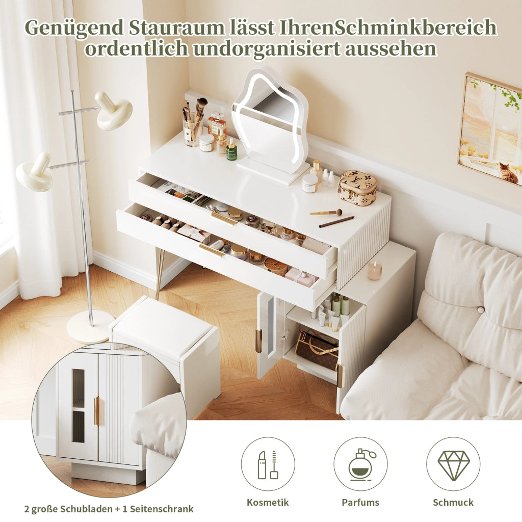 OKWISH Toeletta con 2 Cassetti, Specchio LED 3 Modalità e Mobile Laterale Scorrevole, per Camera, Pannelli, Bianco, 100×40×78 cm