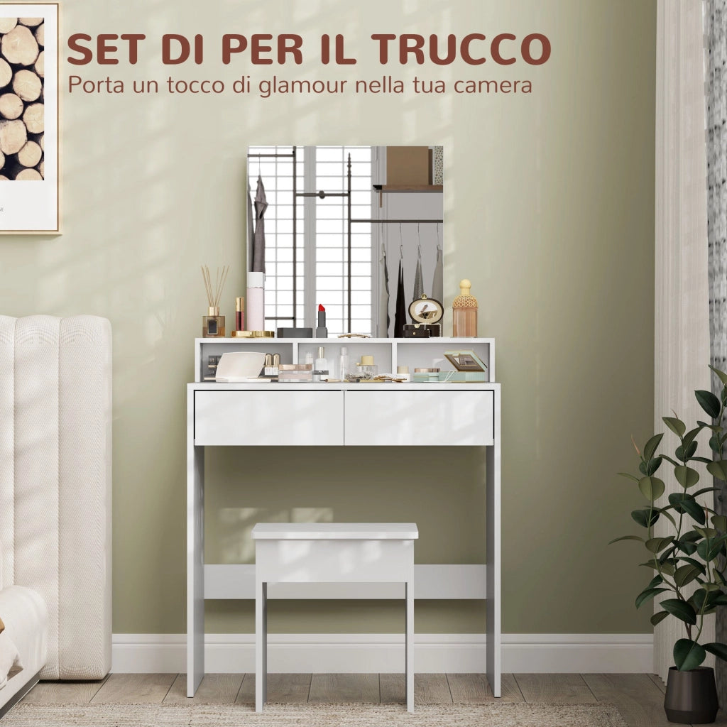Consolle Trucco con Specchio Cassetti e Ripiani 75x38x135 cm Bianco
