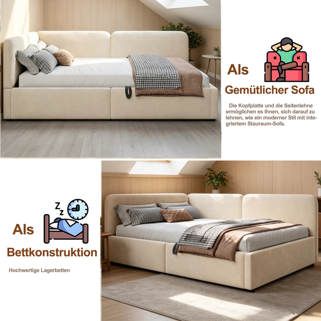 Letto divano contenitore 140 × 200 cm con vano idraulico, testiera reversibile, senza materasso, beige