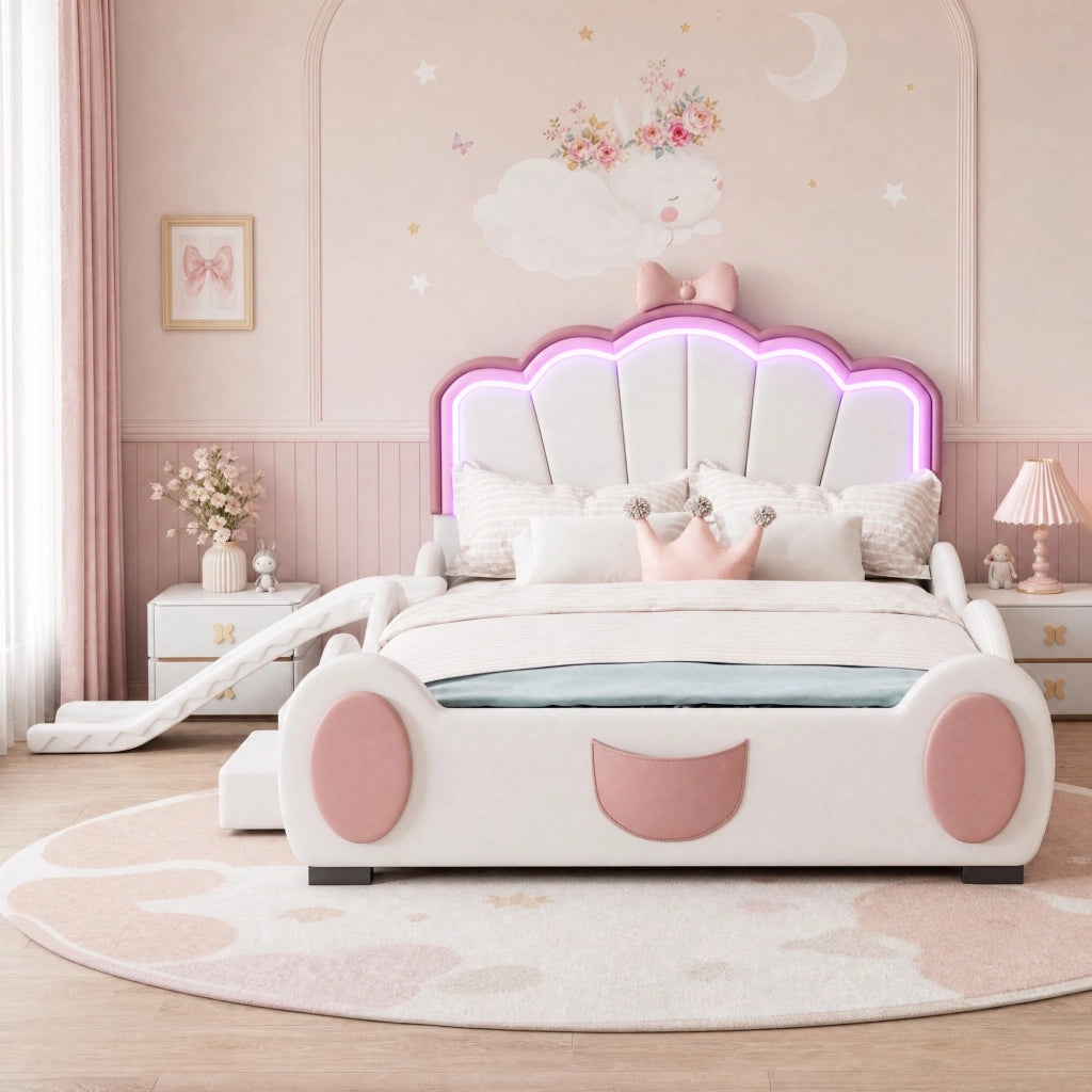 Letto per bambini 140x200 cm a farfalla con LED multicolore, scivolo e scale, rosa e bianco