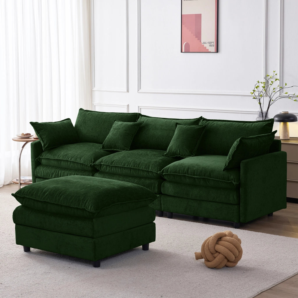 Divano angolare 3 posti con pouf mobile e cuscini sfoderabili, schienale confortevole in ciniglia verde