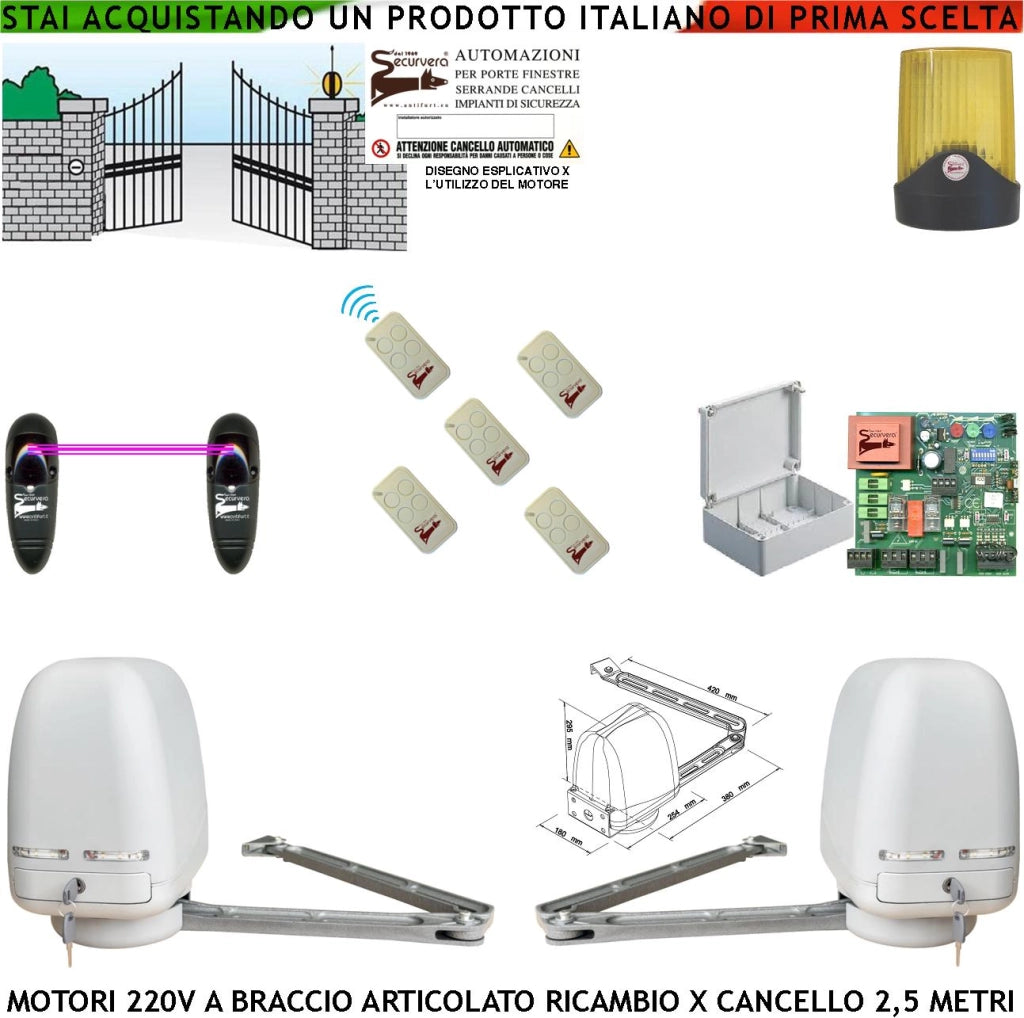 Motori Cancello Elettrico 220 V Braccio Articolato Ricambio Cancello Automatico 5 MT 2 Ante Battenti da 0,5 Fino a 2,5 Metri Centrale 5 Radiocomandi Fotocellule
