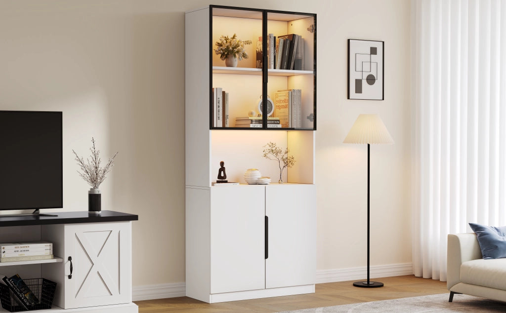 Vetrina moderna in legno truciolare con porte in vetro, LED regolabile, 80x30x200 cm, bianca