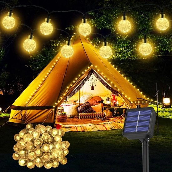 Luci Solari per Esterni - Diametro 2,4 cm - 30 LED brillanti - 6,5M - 8 Modelli Impermeabili - Cristalli Luci Solari per Esterni - Adatto per la decorazione di Natale, Alberi, Giardini, Terrazze, Feste, Balconi - Bianco Caldo