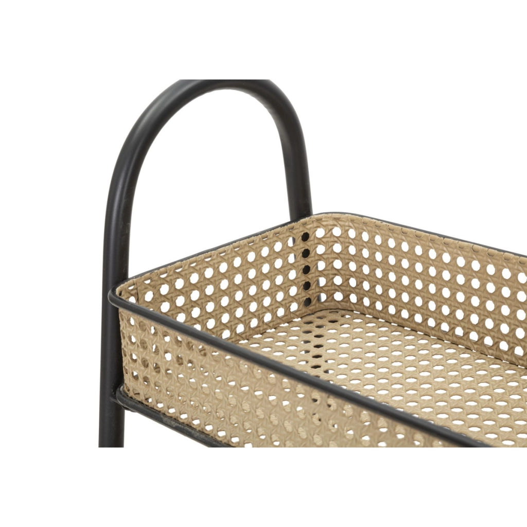 Carrello Fuji a 3 cesti in rattan e ferro nero su ruote — 60x30x80 cm