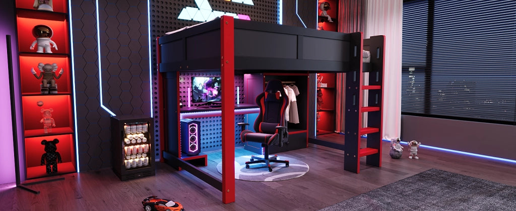 DESMIU Lit mezzanine 140 × 200 cm 1 posto con scrivania, armadio, LED, senza materasso, in legno, nero e rosso
