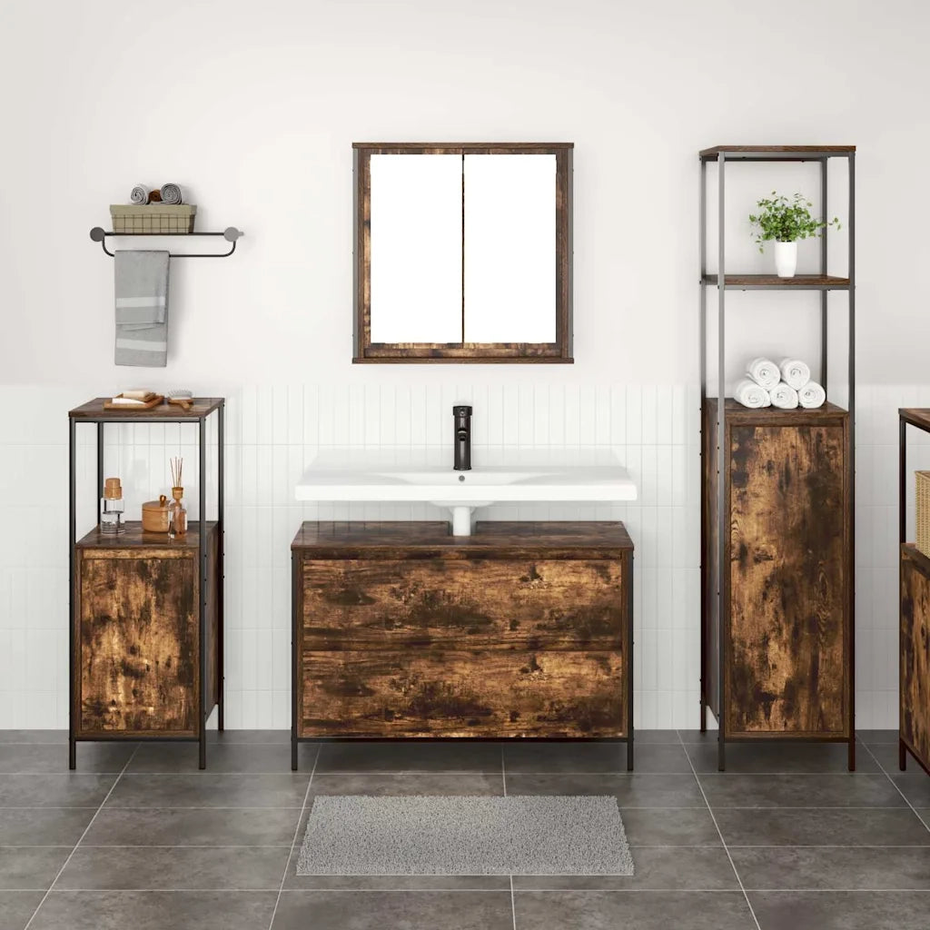Set di mobili per il Bagno | Armadio da bagno 3 pz Rovere fum¨¦ Legno multistrato