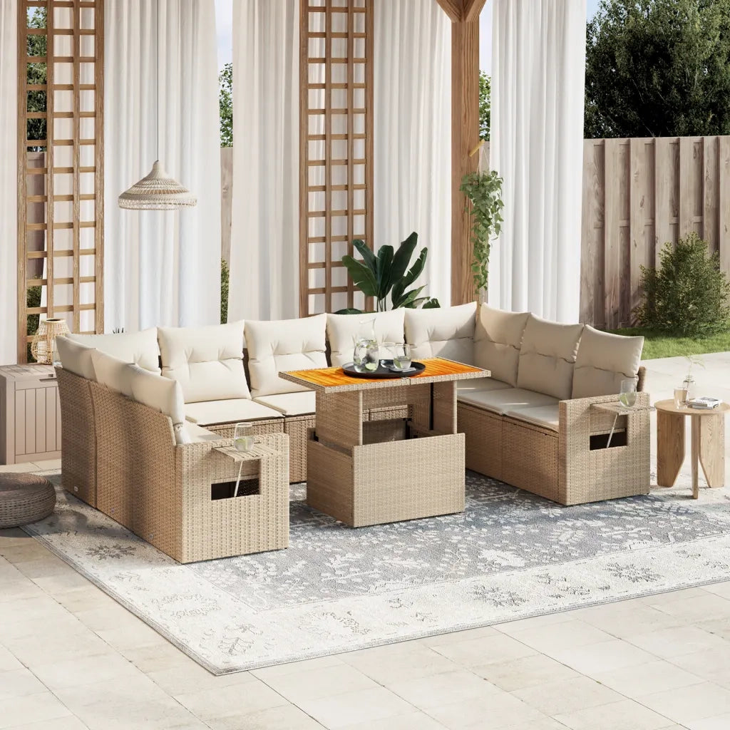 Set Divano da Giardino 10 pz con Cuscini Beige in Polyrattan