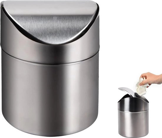 Tazza per rifiuti in acciaio inossidabile con coperchio, piccolo contenitore per la cucina, mini-scavatrice per la tavola, 16 x 12 cm