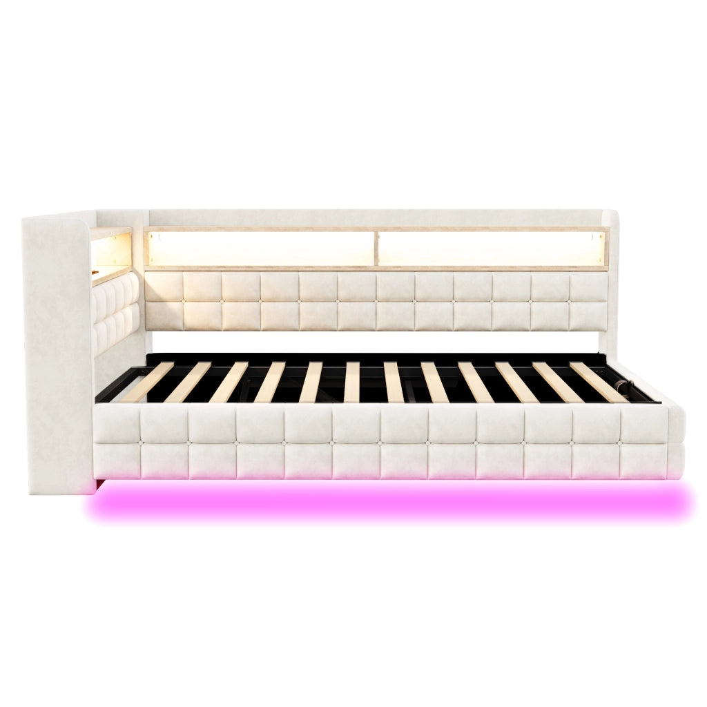 Letto Contenitore Letto Singolo 90x200 cm con USB; Type-C; LED e Mensole Beige